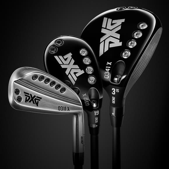 3 golf clubs on a black backdrop.