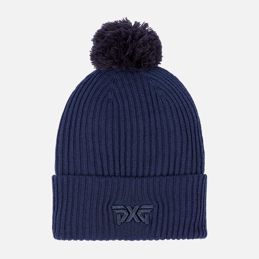 Rib Knit Cuff Beanie With Pom - Peacoat - One Size - PXG