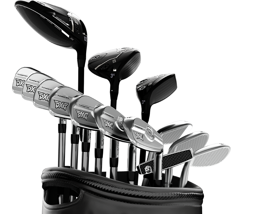 PXG golf bag filled with a full set of golf clubs